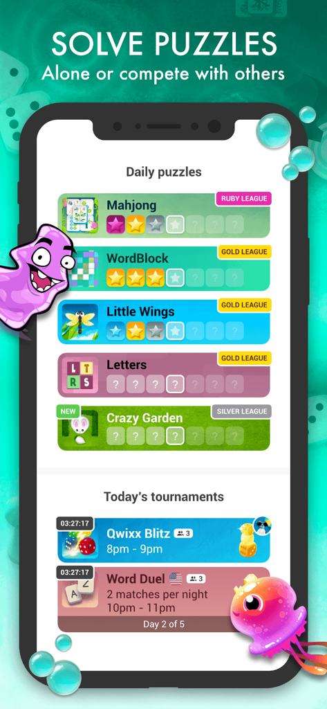 Mobile interface of the elo app featuring a list of daily puzzles and scheduled tournaments for social gaming