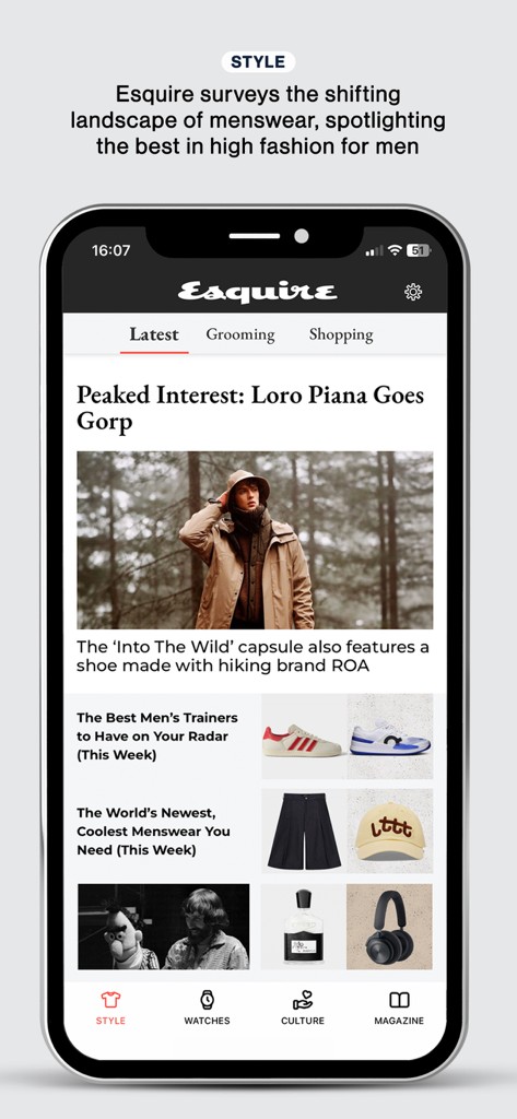 Esquire UK - Esquire UK app screen displaying mens high fashion articles and lifestyle products