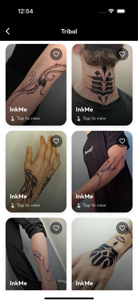InkHunter Pro - A selection of tribal tattoo designs displayed on different body parts within the InkHunter Pro app gallery