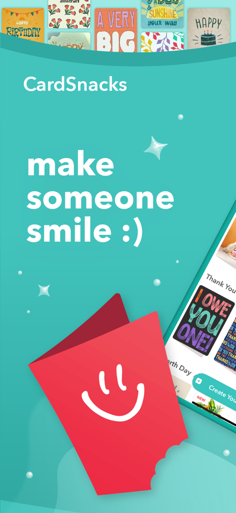 CardSnacks: ecards, greetings - CardSnacks mobile App zeigt digitale Grußkarten und den Slogan 'Make someone smile' an