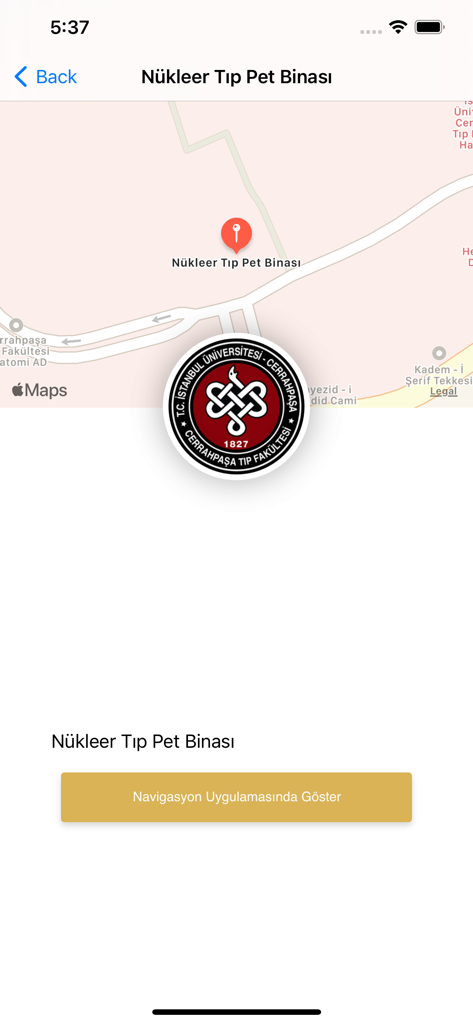 Map view showing the location of the Nuclear Medicine Pet Building within the IU-Cerrahpasa hospital mobile app.