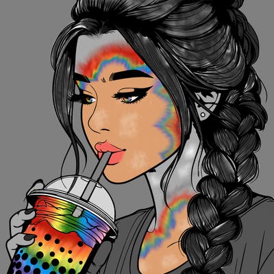 realistic girl drinking boba tea with braided hair