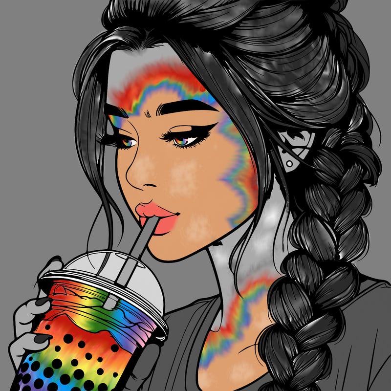 realistic girl drinking boba tea with braided hair