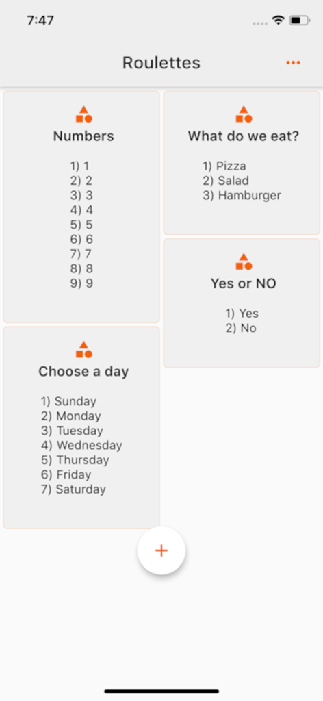 Interfaz mostrando múltiples ruedas de decisión personalizadas para comida, números, fechas y elecciones de sí/no