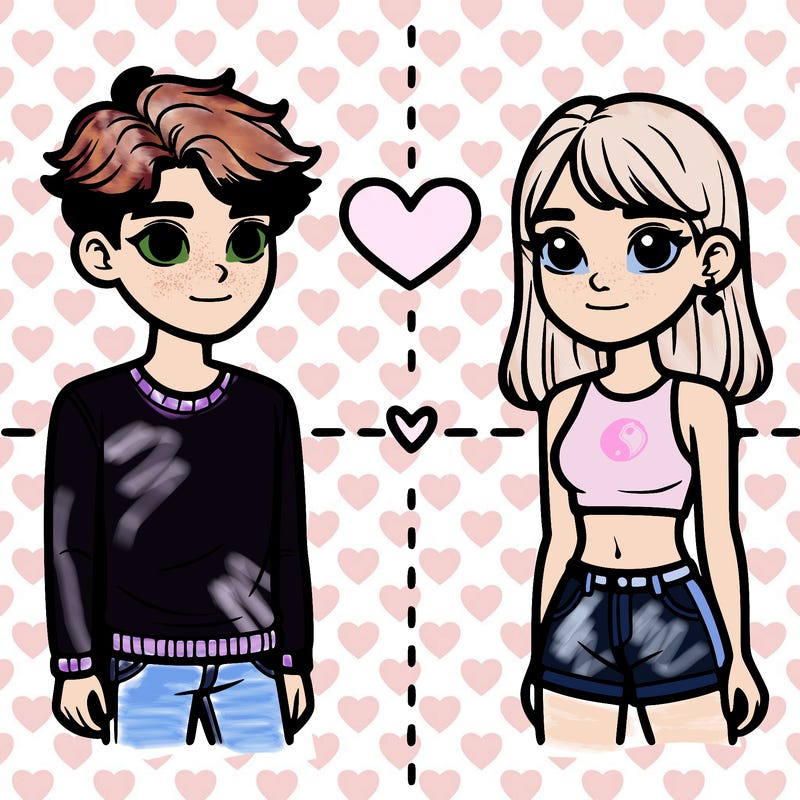 teenager boy with short hair and teenager girl with long hair wearing crop top. in love standing of opposite sides of a line down the middle