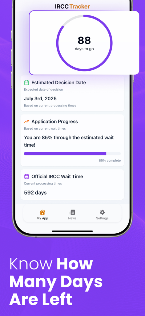 Canadian Immigration Tracker - Mobile app screen displaying the estimated decision date and progress countdown for a Canadian immigration application.