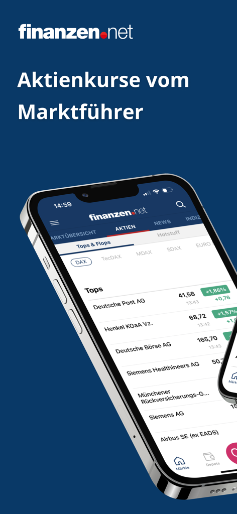 finanzen.net – Markets & News - Schermata iPhone che mostra prezzi delle azioni in tempo reale e dati di mercato nell'app finanzen net