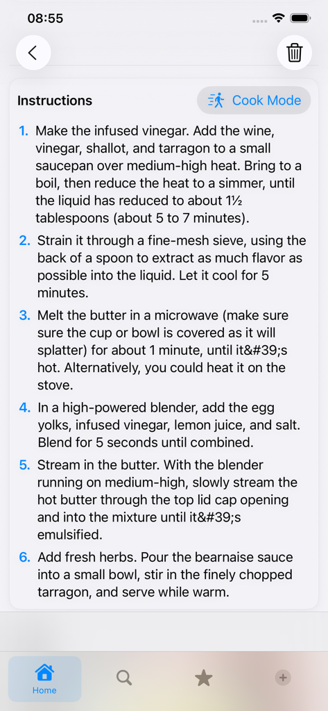 RecipeNotes – For Pro Chefs - Instrucciones de cocina paso a paso para una receta en la aplicación RecipeNotes con el botón Modo Cocina.