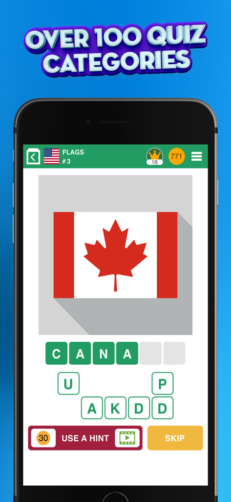 100 PICS Quiz gameplay showing the Canadian flag puzzle in the flags category