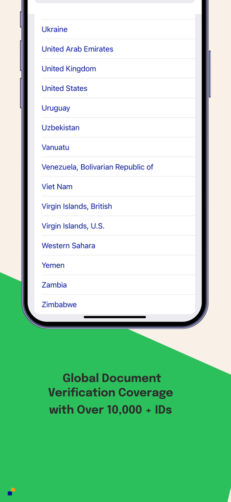 Smile ID - Smile ID App-Oberfläche mit einer Liste unterstützter Länder für die globale Dokumentenprüfung
