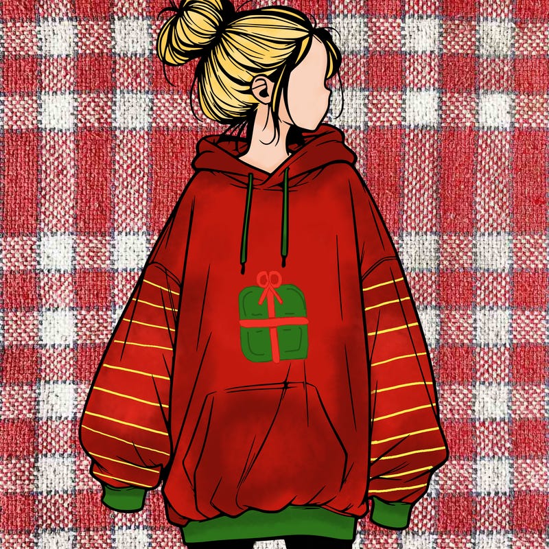 realistic girl with a oversized sweatshirt on and a bun