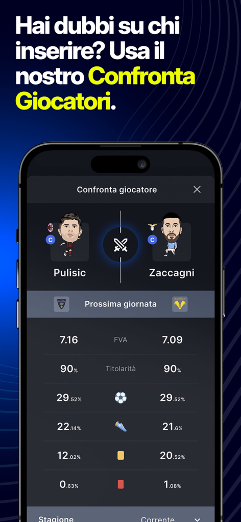 Algo Fantacalcio - Interfaccia dell'app Algo Fantacalcio che mostra un confronto statistico tra due giocatori di calcio per le decisioni sulla formazione del fantacalcio.