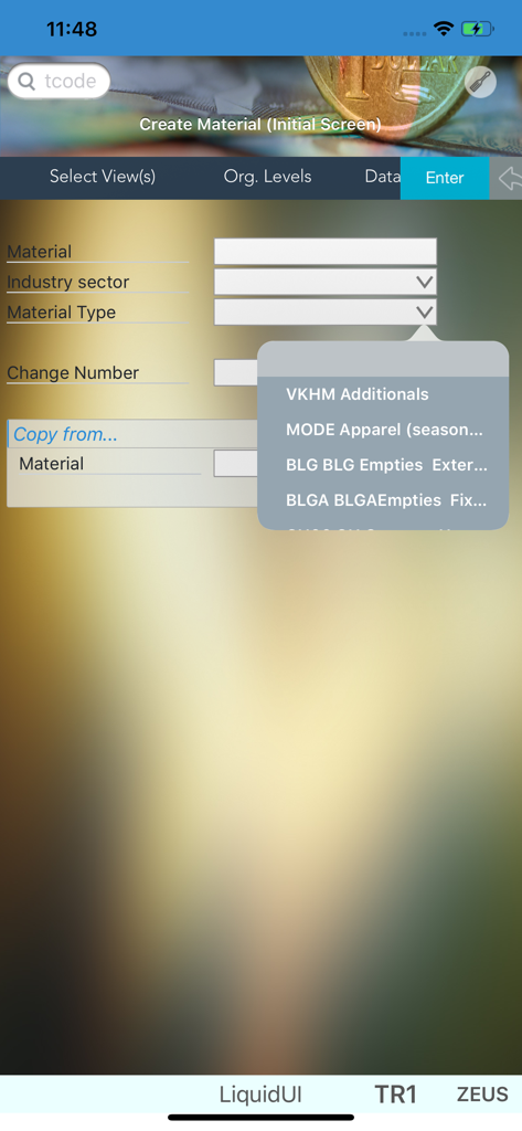 Liquid UI Client for SAP - Mobile interface of Liquid UI Client for SAP showing a material creation screen with a dropdown menu for material type
