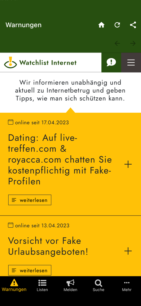 Mobile app interface of Watchlist Internet showing recent online scam warnings and fraud alerts.