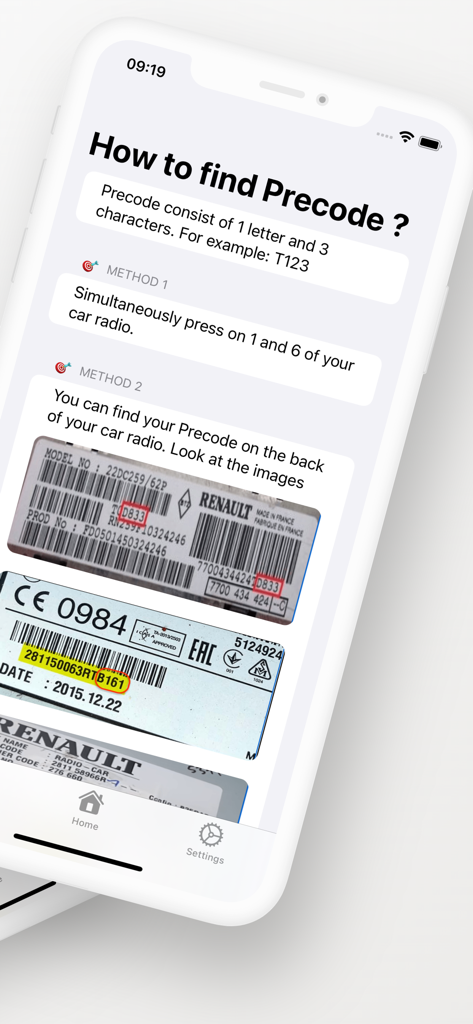 Car Radio Code - Rena - Eine Schritt-für-Schritt-Anleitung innerhalb der App, die zeigt, wie ein Renault Radio Precode über Tastenkombinationen oder Barcode-Etiketten gefunden wird.