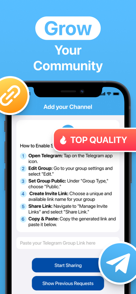 Group Catalog for Telegram - Screenshot des Bildschirms 'Kanal hinzufügen' in der App, der die Schritte zum Teilen eines Telegram-Links und zum Aufbau einer Community zeigt.