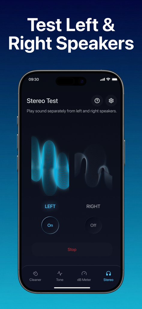 Water Eject - Clean Speaker - Schermata dello smartphone che visualizza un'interfaccia di test stereo per controllare separatamente gli altoparlanti sinistro e destro.