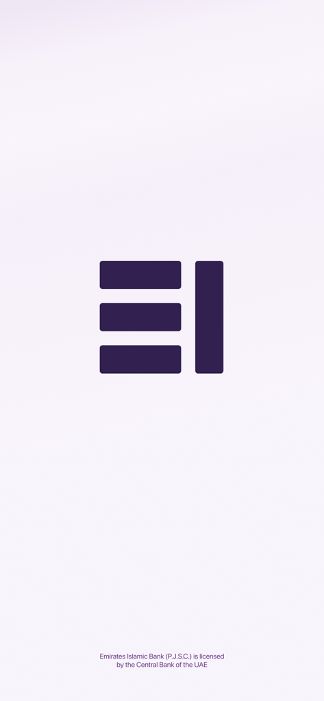 Splash screen of the EI plus mobile banking app showing the Emirates Islamic Bank logo and licensing text
