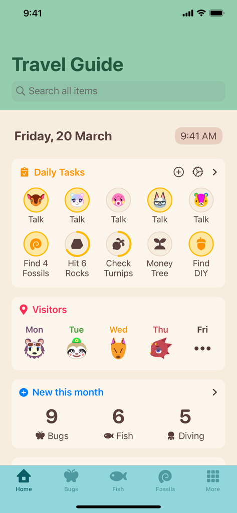 Painel inicial do aplicativo Guia de Viagem ACNH mostrando tarefas diárias e rastreamento de visitantes da ilha.