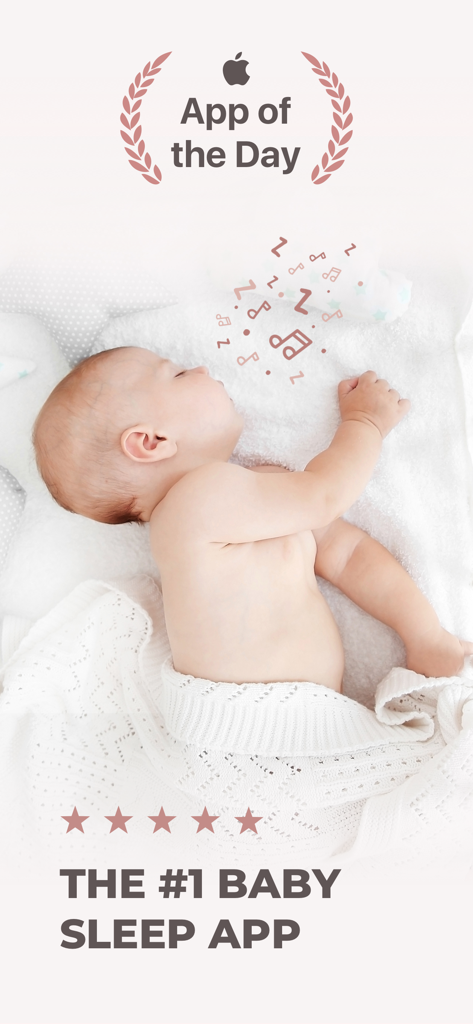 A sleeping baby with the App of the Day award badge and five star rating for Sleeptot