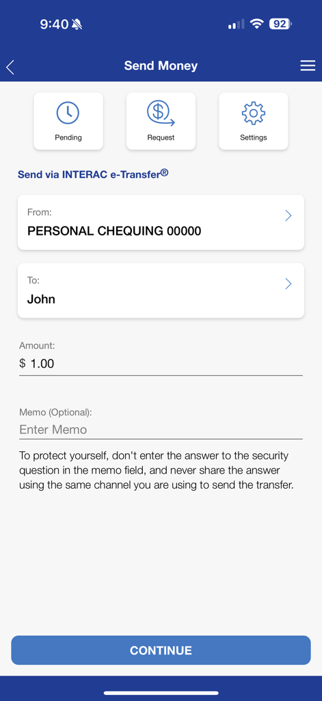 Polish Credit Union Mobile - Polish Credit Union Mobile app screen for sending money via Interac e-Transfer.