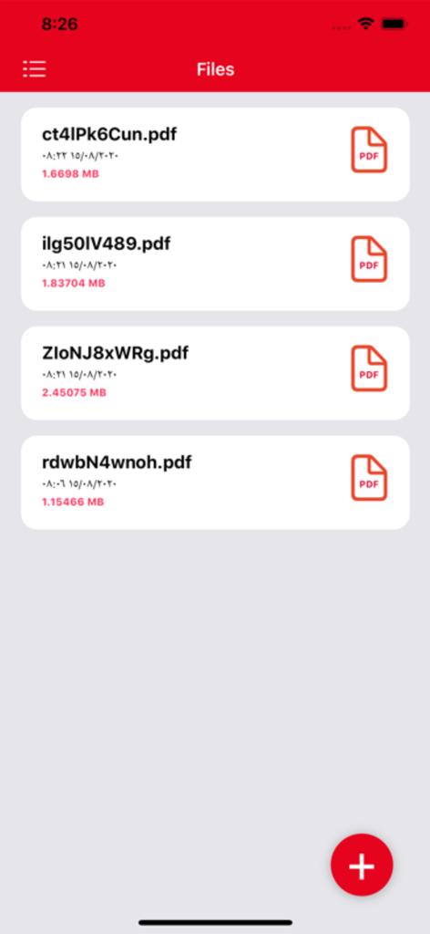 Interfaccia dell'app mobile che mostra un elenco di documenti PDF convertiti con nomi e dimensioni dei file