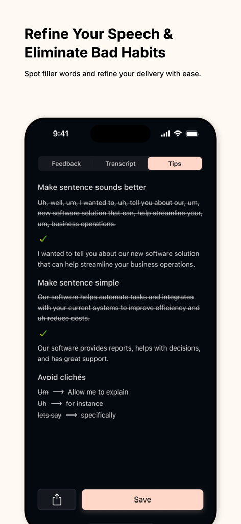 CoachCraft: AI Sales Trainer - CoachCraft app screen showing AI feedback to refine speech and eliminate filler words for sales professionals