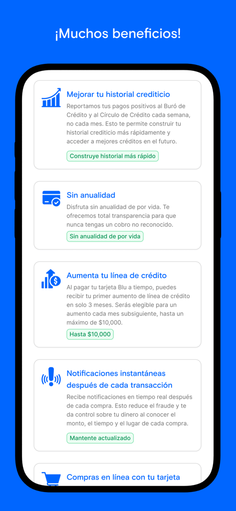 Blu credit card app displaying user benefits like credit building and no annual fee.
