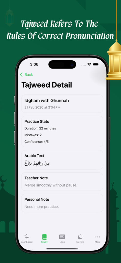 A screenshot of the Tajweed Detail screen showing pronunciation rules, practice statistics, and teacher notes.
