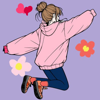 realistic girl jumping with a bun and oversized sweatshirt