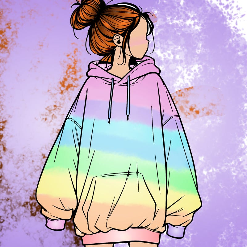 realistic girl with a oversized sweatshirt on and a bun