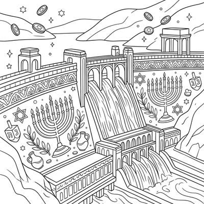 Dive into a truly unique Hanukkah celebration with this intricate coloring page featuring a magnificent dam. Designed for teens, it blends engineering marvels with festive Jewish traditions for an engaging creative challenge.