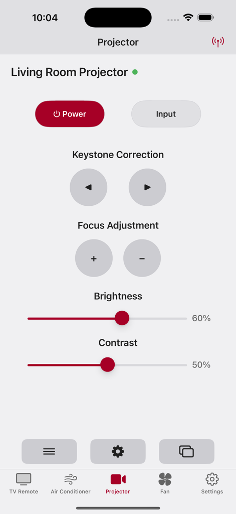 TCL Remote - TV Remote Control - Interface do aplicativo TCL Remote mostrando controles para um projetor de sala de estar, incluindo brilho, foco e correção de keystone
