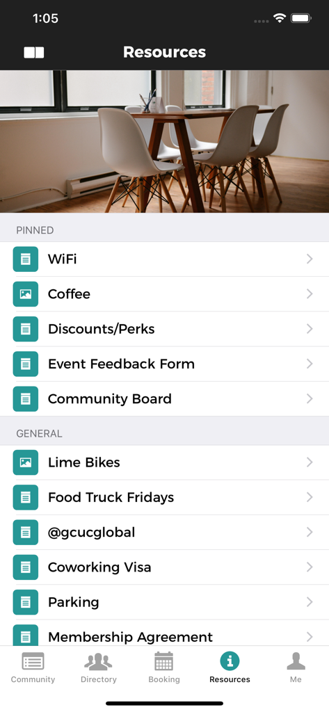 Coworks app resources screen showing workspace amenities like wifi coffee and parking