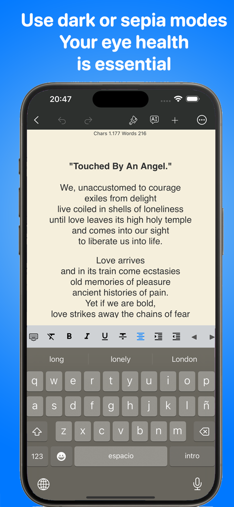 TextEdit - Text Editor - TextEdit plus app interface on iPhone showing a poem in sepia mode for eye comfort