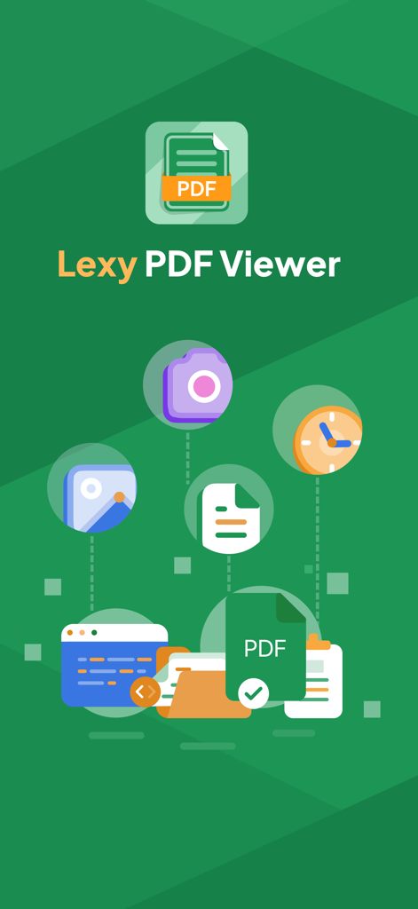 Lexy PDF Viewer-Maker,Builder - Lexy PDF Viewer app splash screen showing features like photo to PDF conversion and file management.
