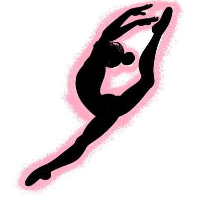 gymnast doing a leap in a leotard with a bent back leg