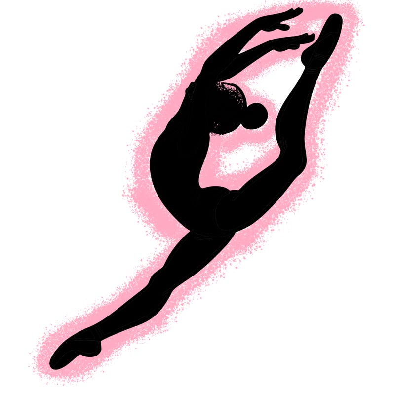 gymnast doing a leap in a leotard with a bent back leg