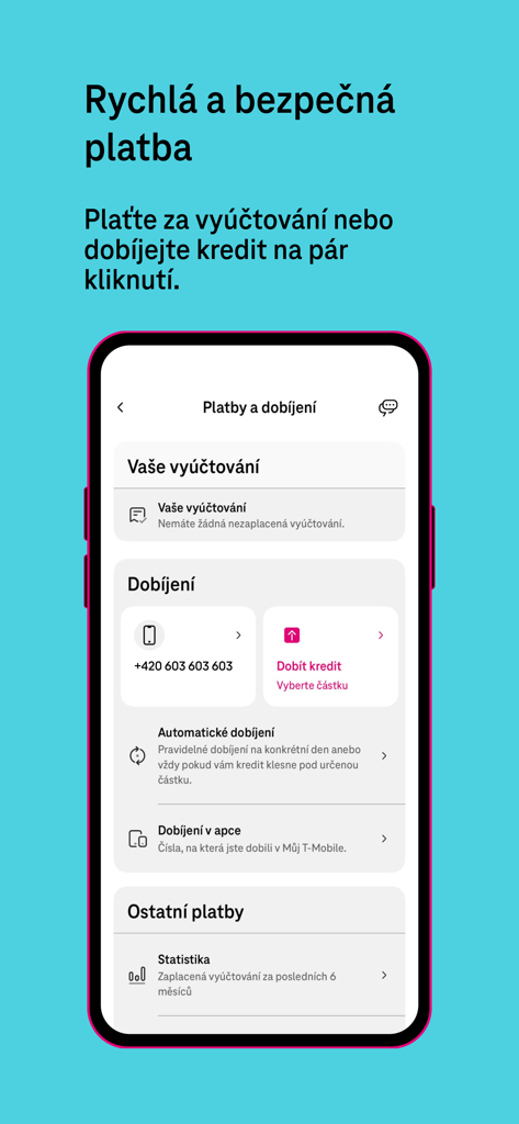 Interfaz de la app Muj T-Mobile mostrando las opciones de pago de facturas y recarga de crédito
