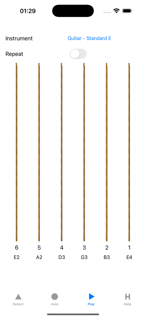 Interface of the Precise Guitar Tuner app displaying guitar strings and notes for standard E tuning