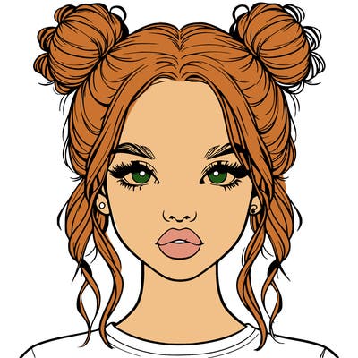 realistic girl with two buns in hair and lips