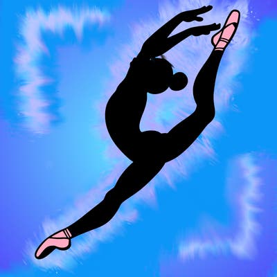 gymnast doing a leap in a leotard with a bent back leg