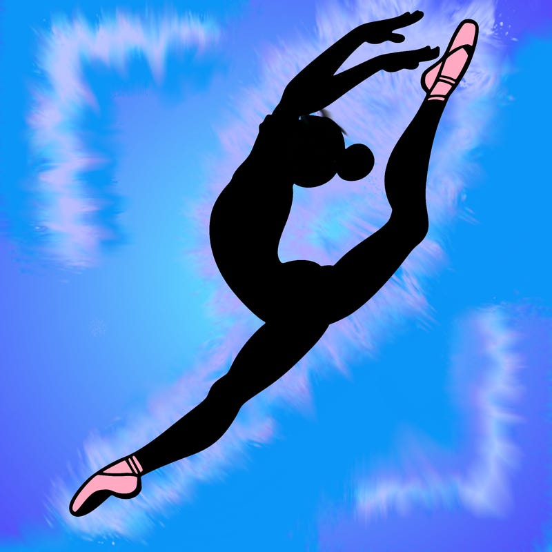 gymnast doing a leap in a leotard with a bent back leg