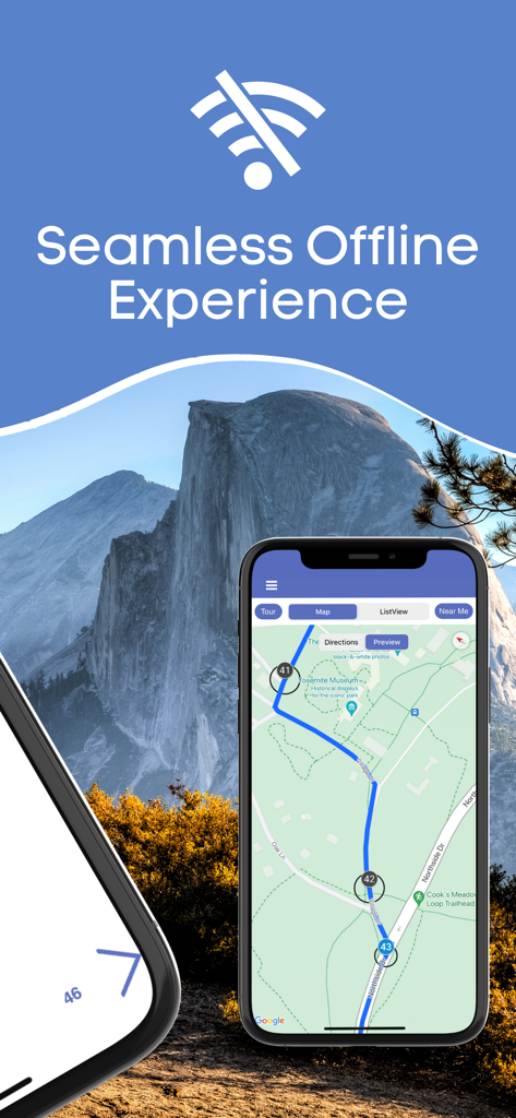 Yosemite National Park Tour - Yosemite National Park tour app showing a seamless offline map experience with a backdrop of Half Dome