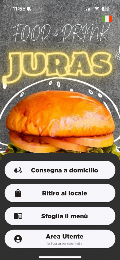 Juras Food and Drink - Startbildschirm der Juras Food and Drink App mit einem großen Burger und Menü-Bestell-Buttons