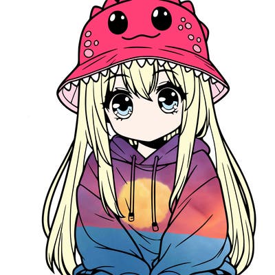 girl with anime shaped eyes with a dinosaur bucket hat oversized sweatshirt long straight hair
