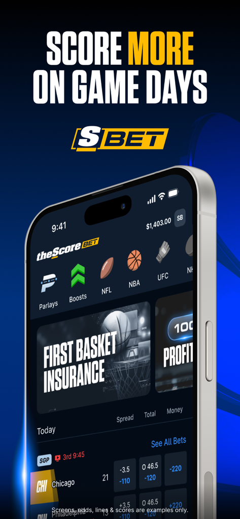 theScore Bet mobile app interface on an iPhone featuring sports betting categories and live game odds
