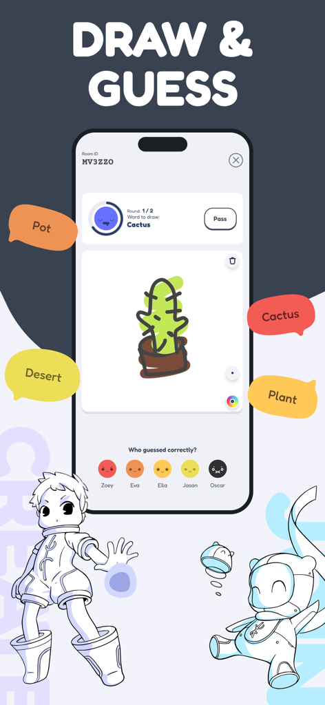 drawverse: draw & guess game - A smartphone showing the Drawverse app interface where a user has drawn a cactus and players are guessing the word