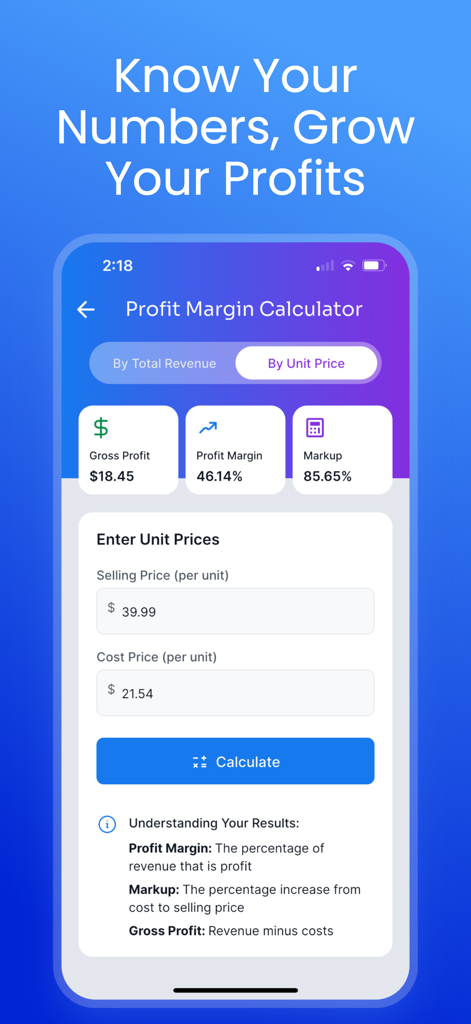 Interfaccia dell'app Startup AI che mostra il Calcolatore di Margine di Profitto con campi per prezzo di vendita e costo di acquisto.