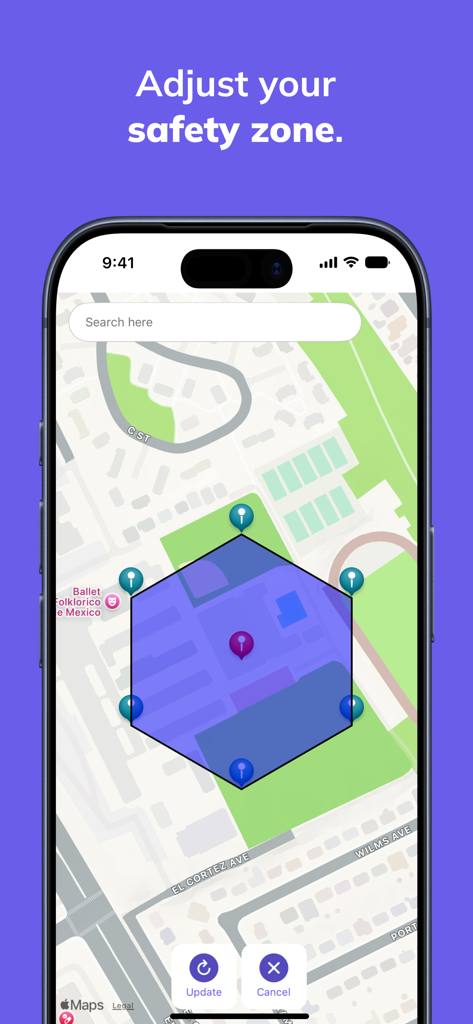 Tracker -Live Location Sharing - Interfaz de aplicación móvil que muestra una zona de seguridad poligonal personalizable en un mapa para el rastreo de ubicación.
